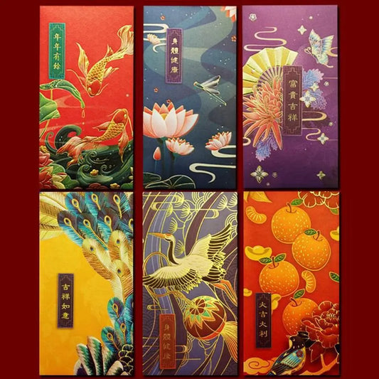 Classic Tradition Spring Festival Decoration Hot-Stamping Blessing Crane Red Pocket Chinese New Year Red Envelope Bless Pocket Peaceful Pleasures Health and Wellness -A