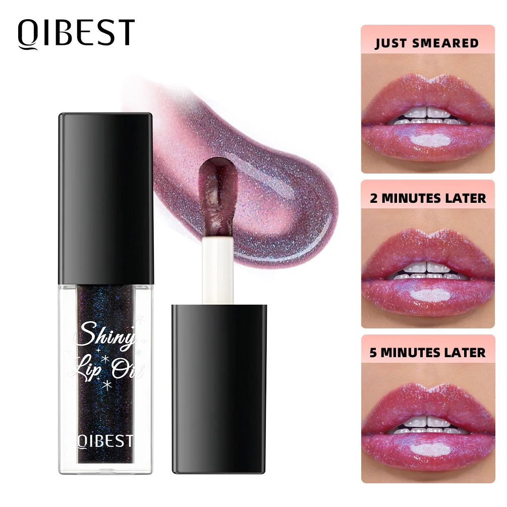 QIBEST Mirror Black Lip Oil Color Changing Lipstick Moisturizing Shiny Lip Gloss Oil Plumping Lasting Diamond Lipgloss Cosmetics Peaceful Pleasures Health and Wellness