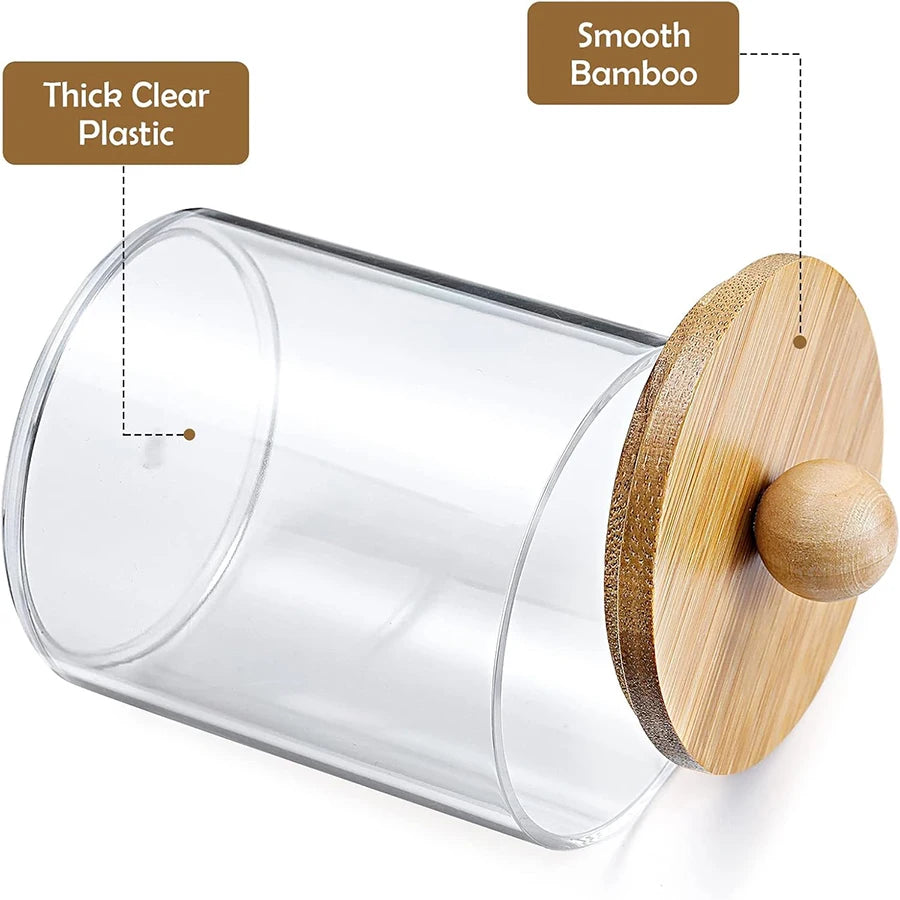 Qtip Holder Clear Apothecary Jar with Bamboo Lid – 10oz Bathroom Organizer Storage Container for Cotton Pads & Swabs