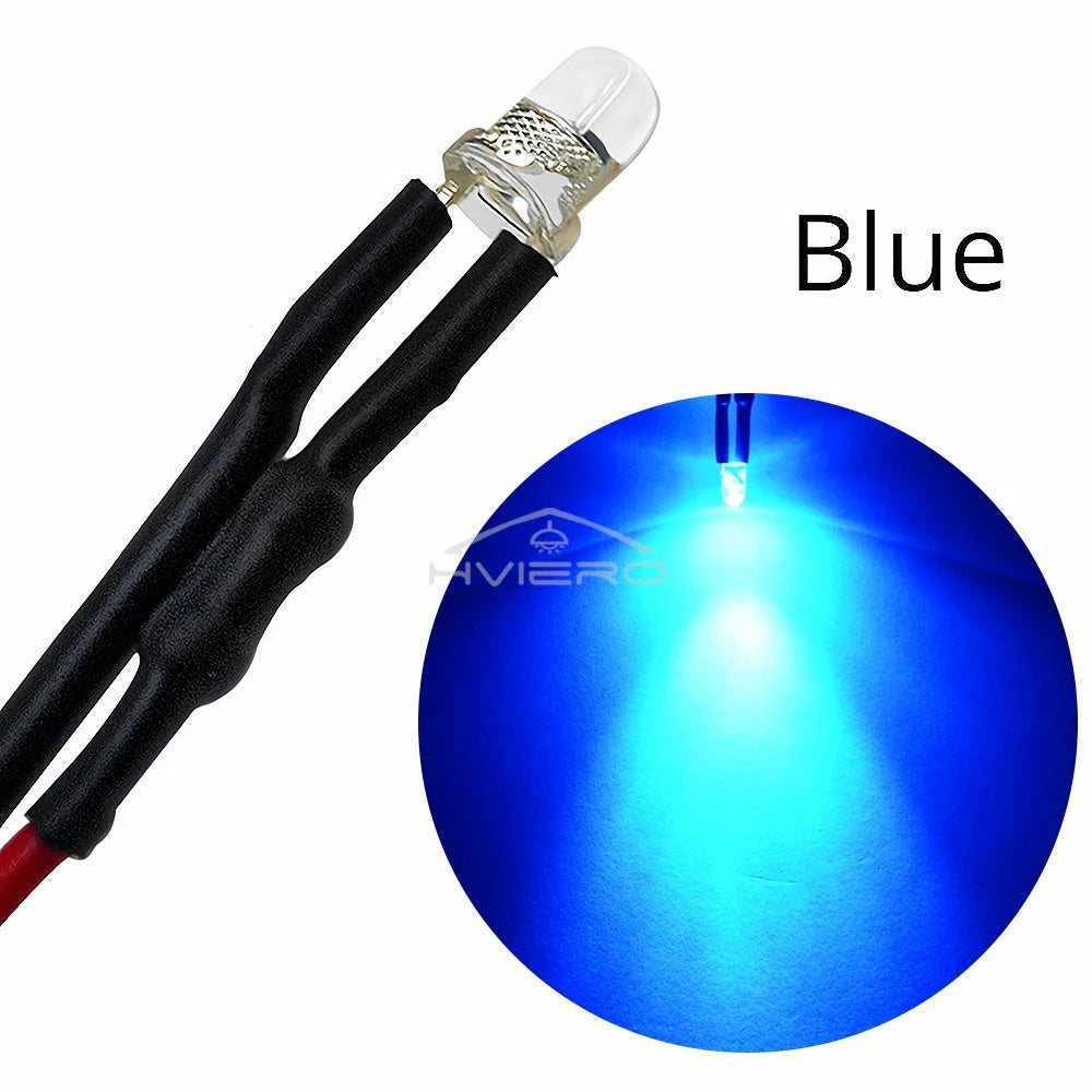 10-Pack 3mm Pre-Wired LED Bulbs DC 12V Water Clear Round Top