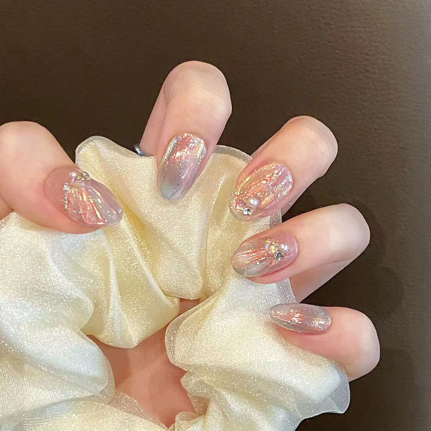 Handmade Press on Nails Blue Aurora Mermaid Fake Nail Patches Wearable Detachable French Pearl Almond False Nail Tips 10pcs Peaceful Pleasures Health and Wellness XS 1