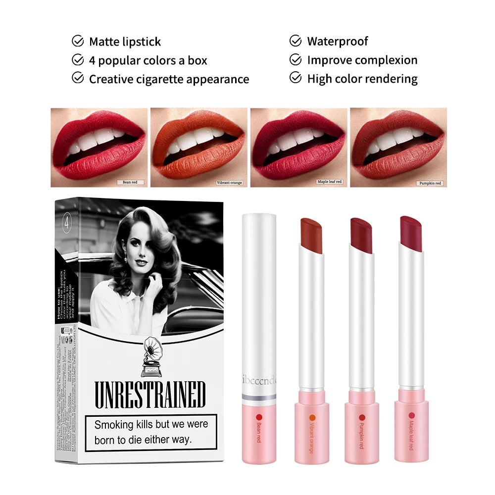 4Colors/set Cigarette Lip Gloss Set Velvet Matte Waterproof Long-lasting Lip Non-Stick Cup Cigarette Lipstick Makeup For Women Peaceful Pleasures Health and Wellness