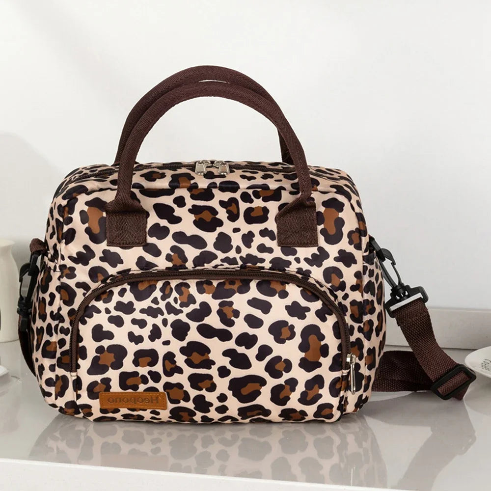 Leopard Print Oxford Cloth Food Insulation Bag Handheld Crossbody Ice Pack for Picnic Travel Food Preservation Storage Peaceful Pleasures Health and Wellness
