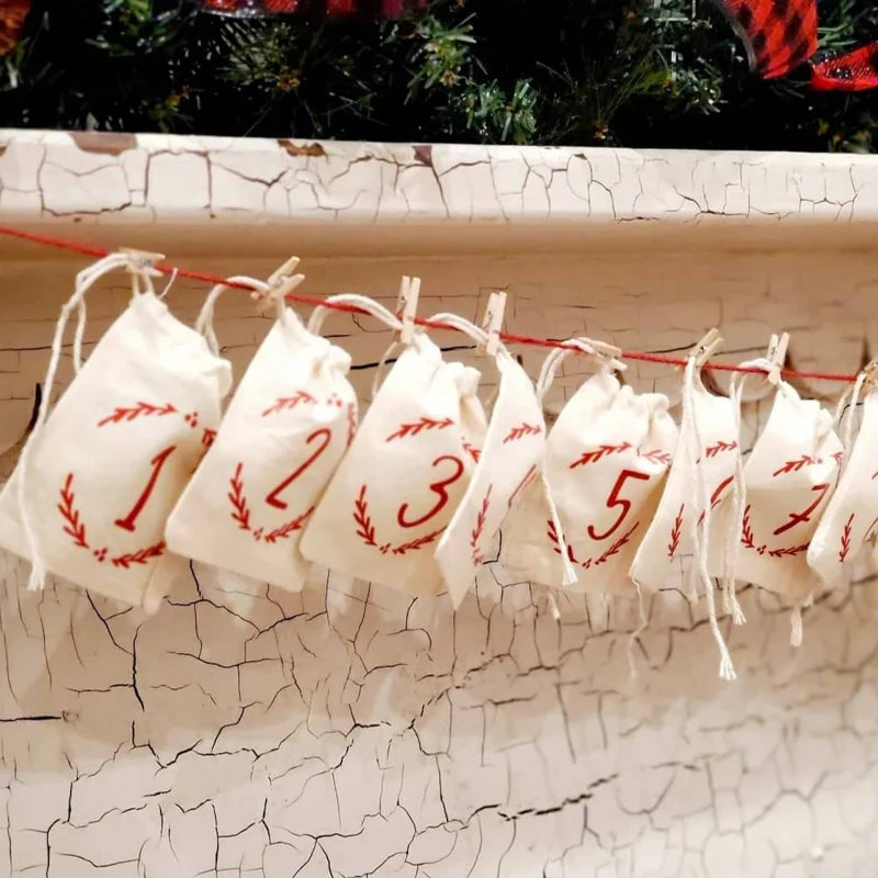 24-Piece Advent Calendar Drawstring Bags | Farmhouse Christmas Advent Calendar Bags Peaceful Pleasures Health and Wellness 24pcs 10x14cm