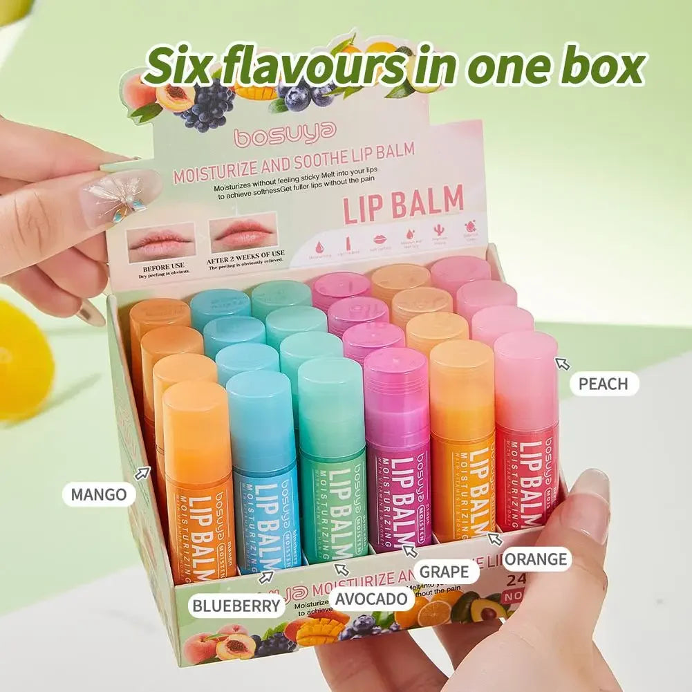 24Pcs Fruit Series Lip Balm Set Honey Grape Avocado Moisturizing Bulk Mini Balm Pack for Dry Cracked Lips Hydrating Lips Care Peaceful Pleasures Health and Wellness