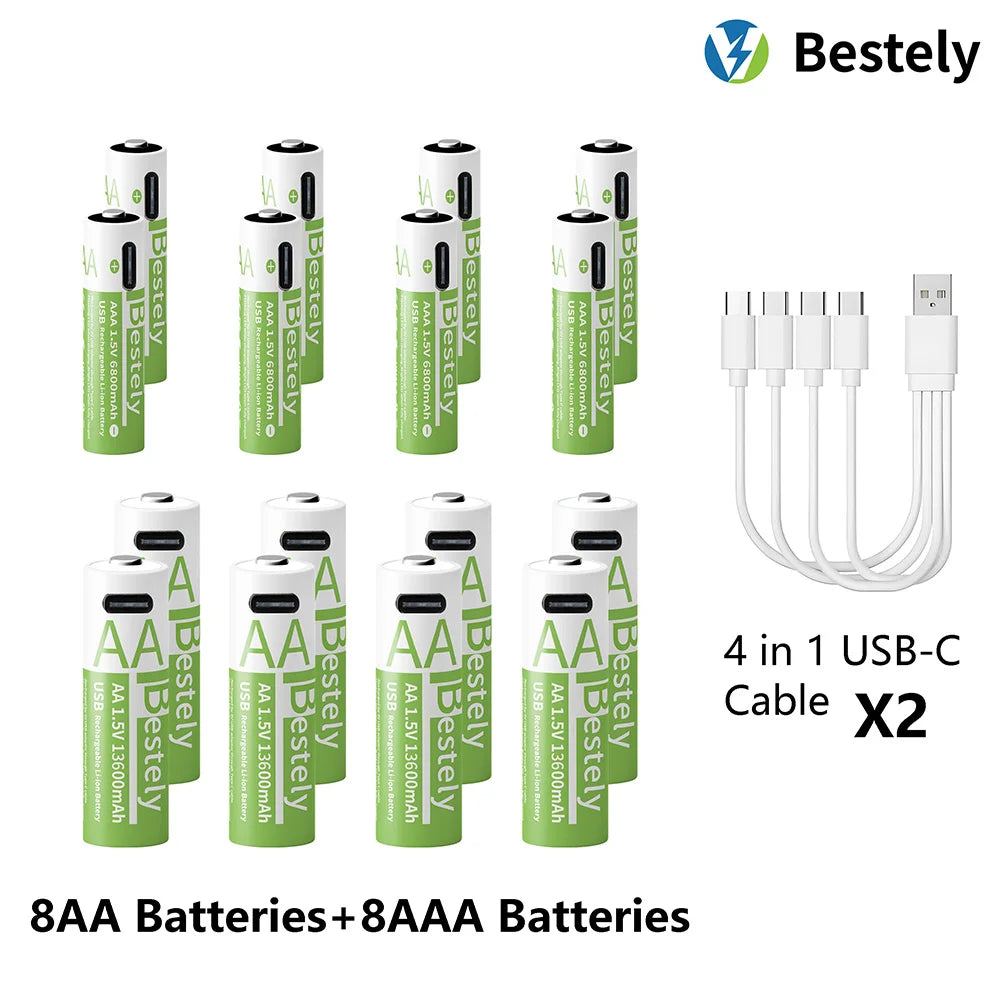 1.5V AA 13600mAh + AAA 6800mAh Rechargeable Lithium Battery Set with USB-C Fast Charging Type C Cable Peaceful Pleasures Health and Wellness 8AA 8AAA