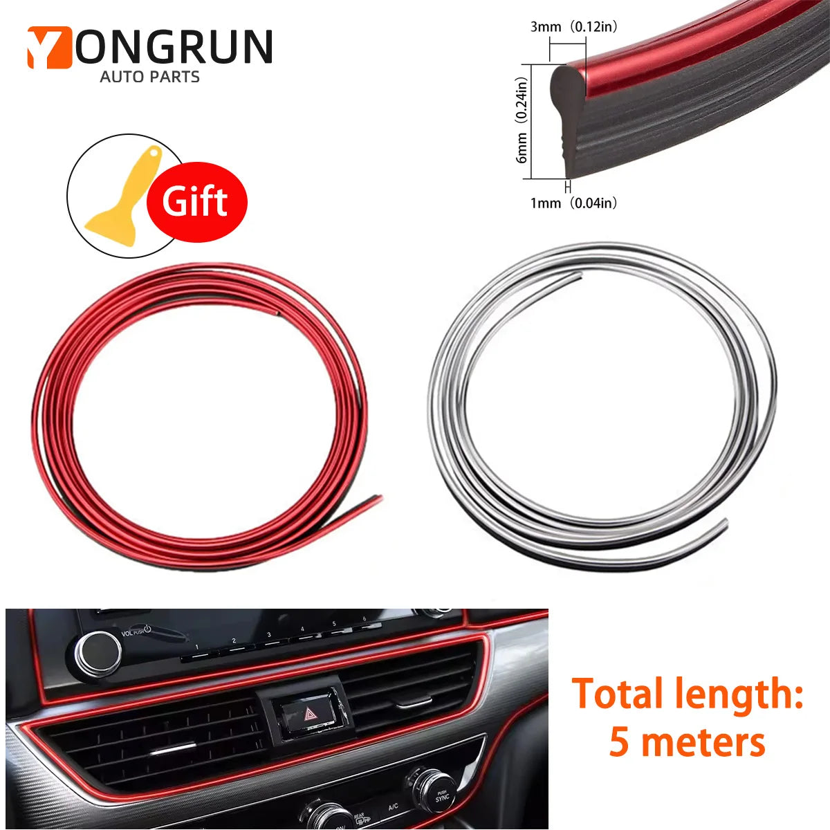5M Car Interior Flex Trim Strip – Red & Silver Decor Peaceful Pleasures Health and Wellness