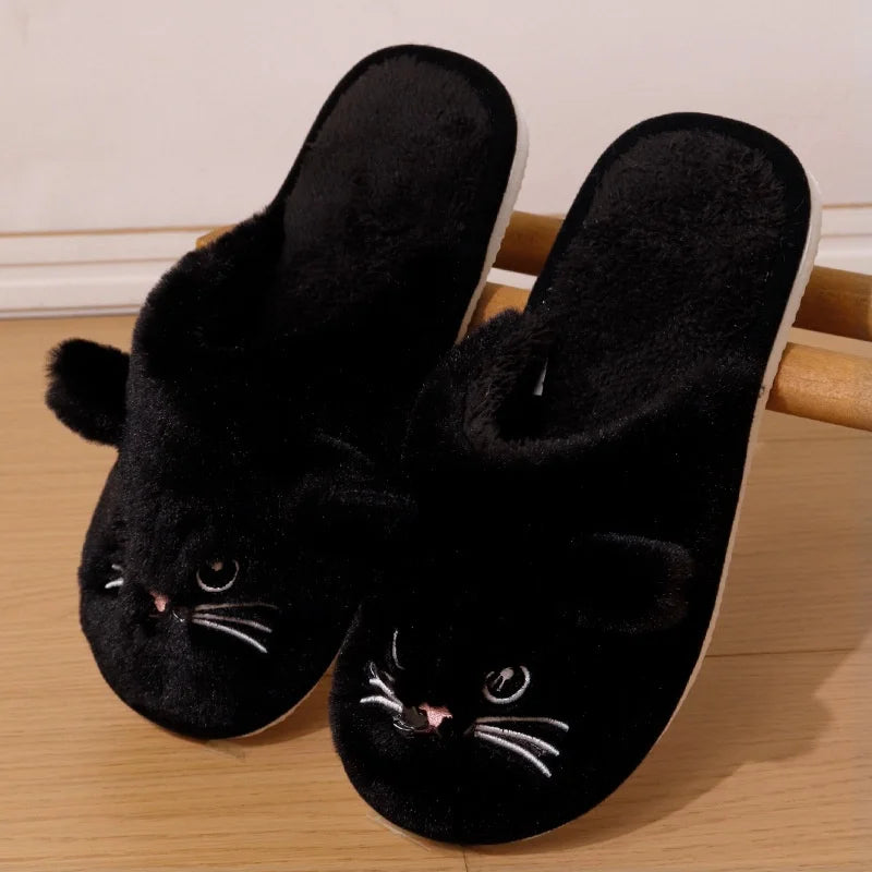 Baotou Cat Cotton Slippers Couple Style Cute Cartoon Home Winter Thickened Warm Cute Cat Soft Soles Anti-slip Slippers Creative Peaceful Pleasures Health and Wellness black 36-37