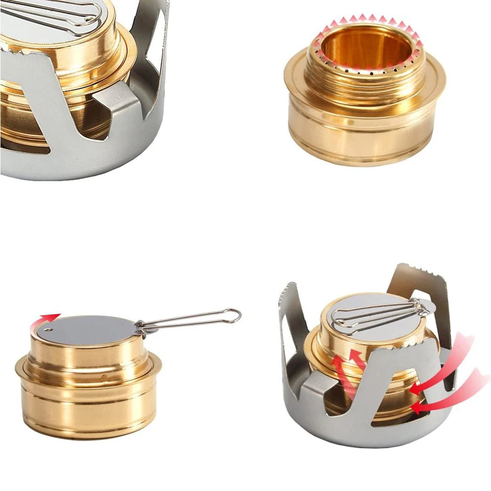 Ultralight Spirit Alcohol Furnace Mini Outdoor Camping Cookware Kit Brass Stove Burner with Detachable Pot Support Stand ﻿ Peaceful Pleasures Health and Wellness