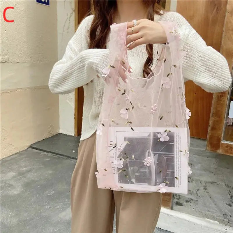 Mesh Embroidered Floral Tote Bag | Travel & Shopping Bag