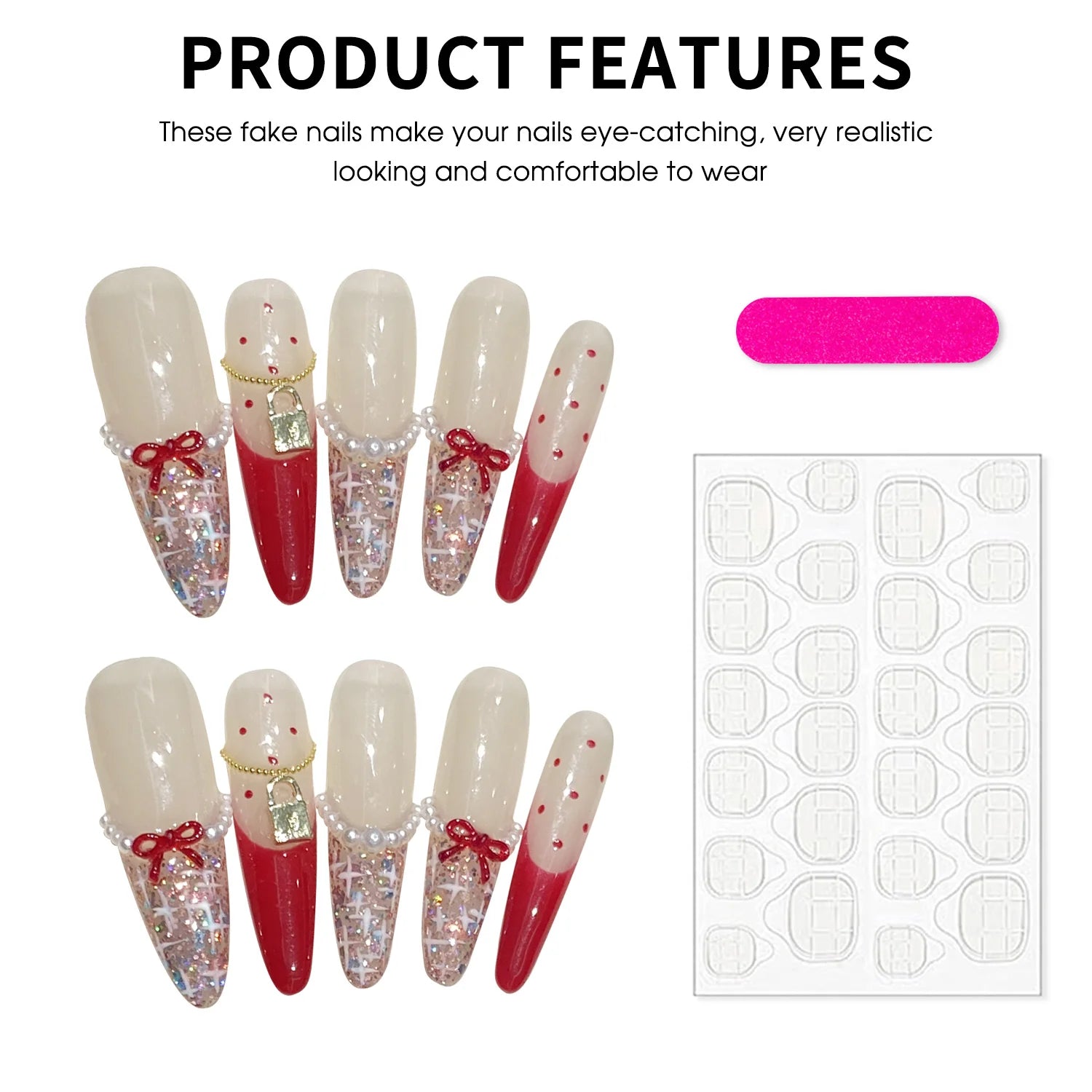 Handmade Long Oval Press on Nails Sweet Red Bow French Fake Nails Full Cover Wearable Shiny Sequins Korean Cute False Nail Tips Peaceful Pleasures Health and Wellness