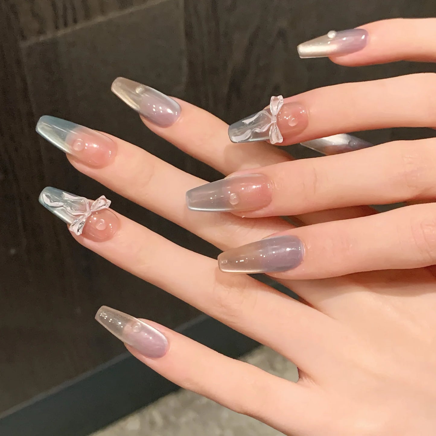 Gradient Blue Press On Nails Pink Bow | Korean Nail Art 10pcs
