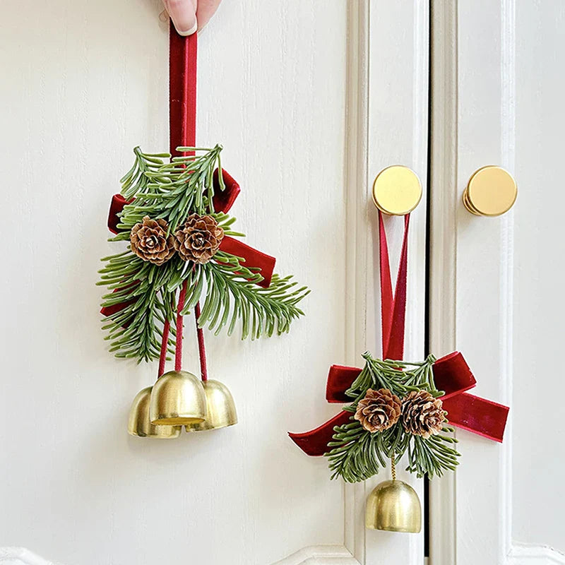 Christmas Jingle Bell Door Hanger – Velvet Bow & Pine Cone Ornament