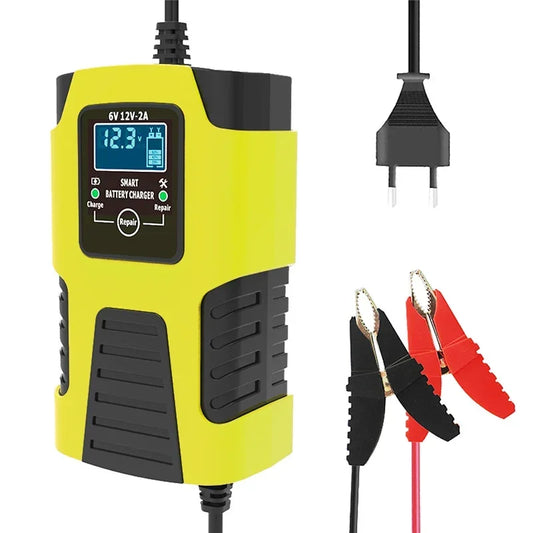 New Automatic 2A 6V 12V Car Battery Charger Lead-Acid GEL AGM Wet Calcium Deep Cycle VRLA Pulse Repair with LCD Display Peaceful Pleasures Health and Wellness Yellow EU Plug
