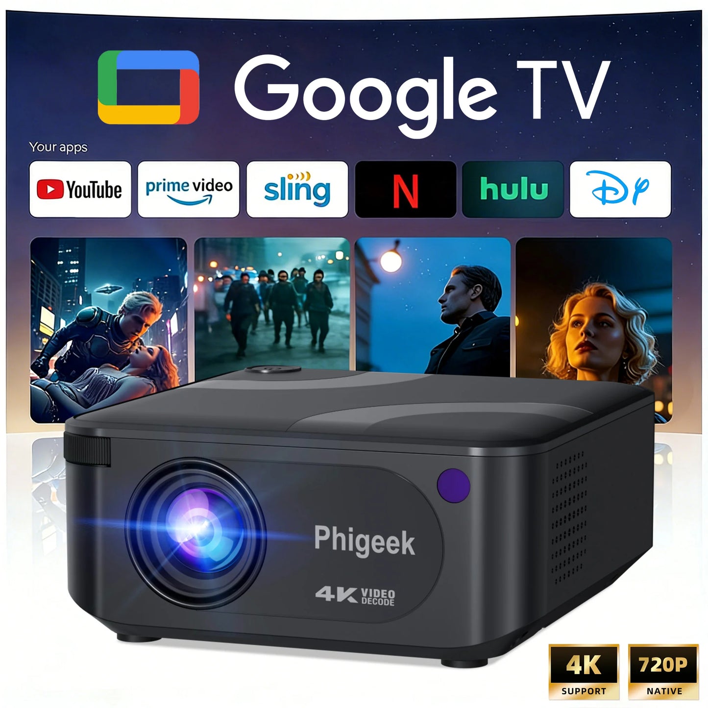 Mini Projector 300 ANSI Android11 Dual WiFi6 BT5.0 4K 720P Built-in App 1080P Video Home Cinema SmartPhone Digital Projector Peaceful Pleasures Health and Wellness Black UK Plug