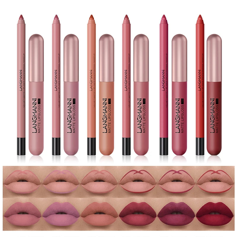 6+6 Lip Gloss Lip Liner Combo Smudge-Proof, Velvety Nude Shades - Long-Lasting Liquid Lipgloss & Precise Liner 12pcs Set Matte M Peaceful Pleasures Health and Wellness