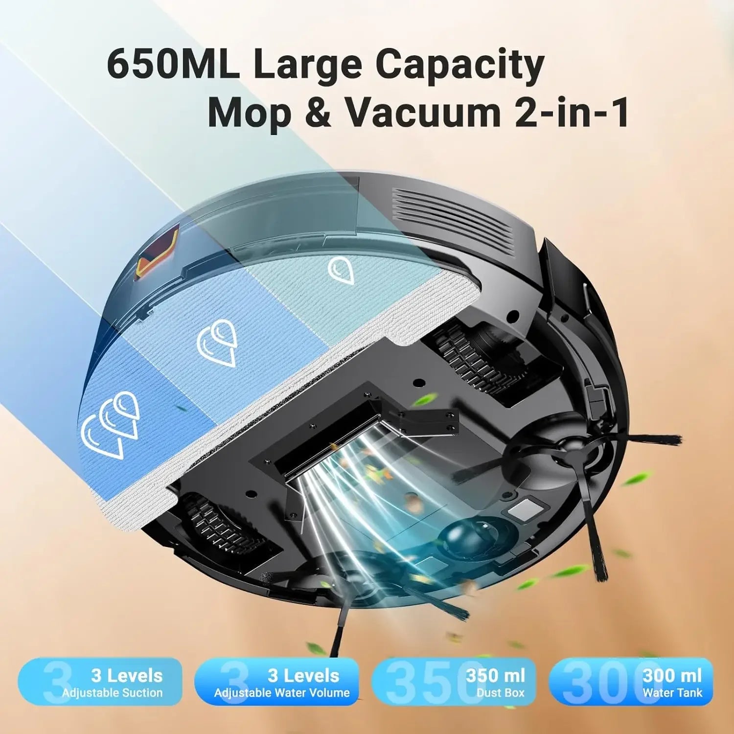 Robot Vacuum Mop Combo, 5000Pa Strong Suction, 130 Min Runtime, Slim Low Noise, Wi-Fi App Alexa Control for Hard Floors Carpets Peaceful Pleasures Health and Wellness