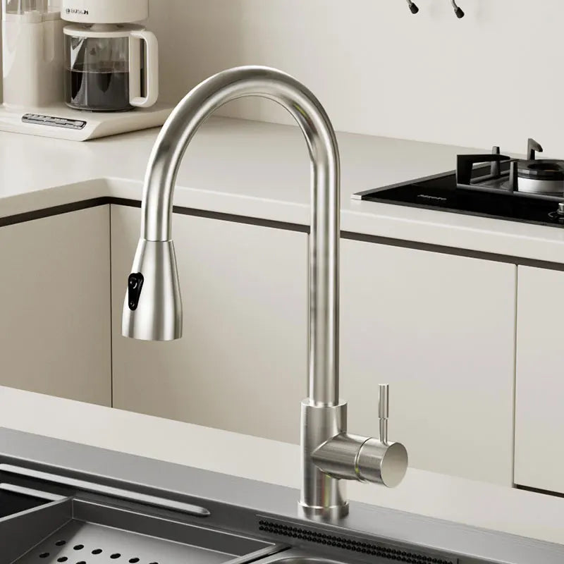 Brushed Nickel Pull-Out Kitchen Faucet | Single Hole, Hot & Cold