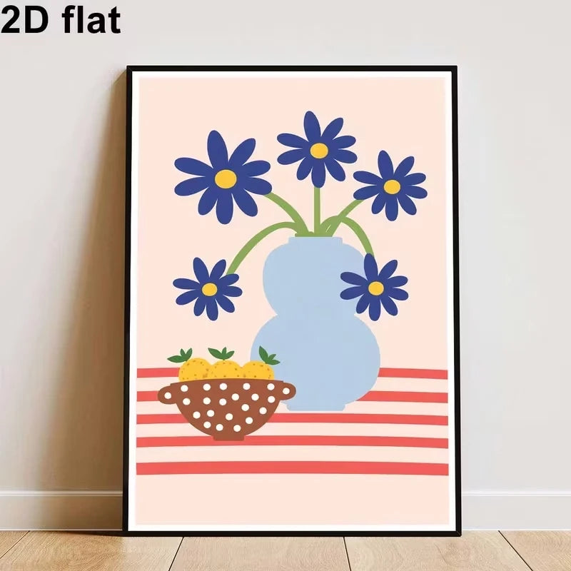 Modern Blue Floral & Fruit Canvas Wall Art Print | Home Decor