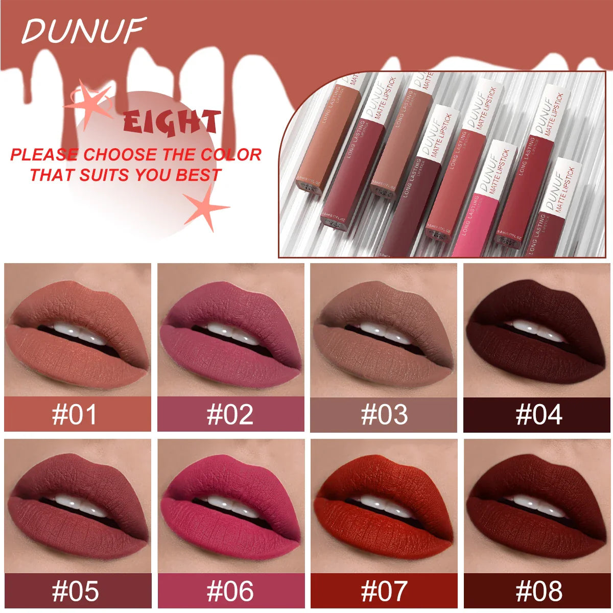 DUNUF 8-Piece Matte Lipstick Set – Waterproof Long-Lasting Nudes