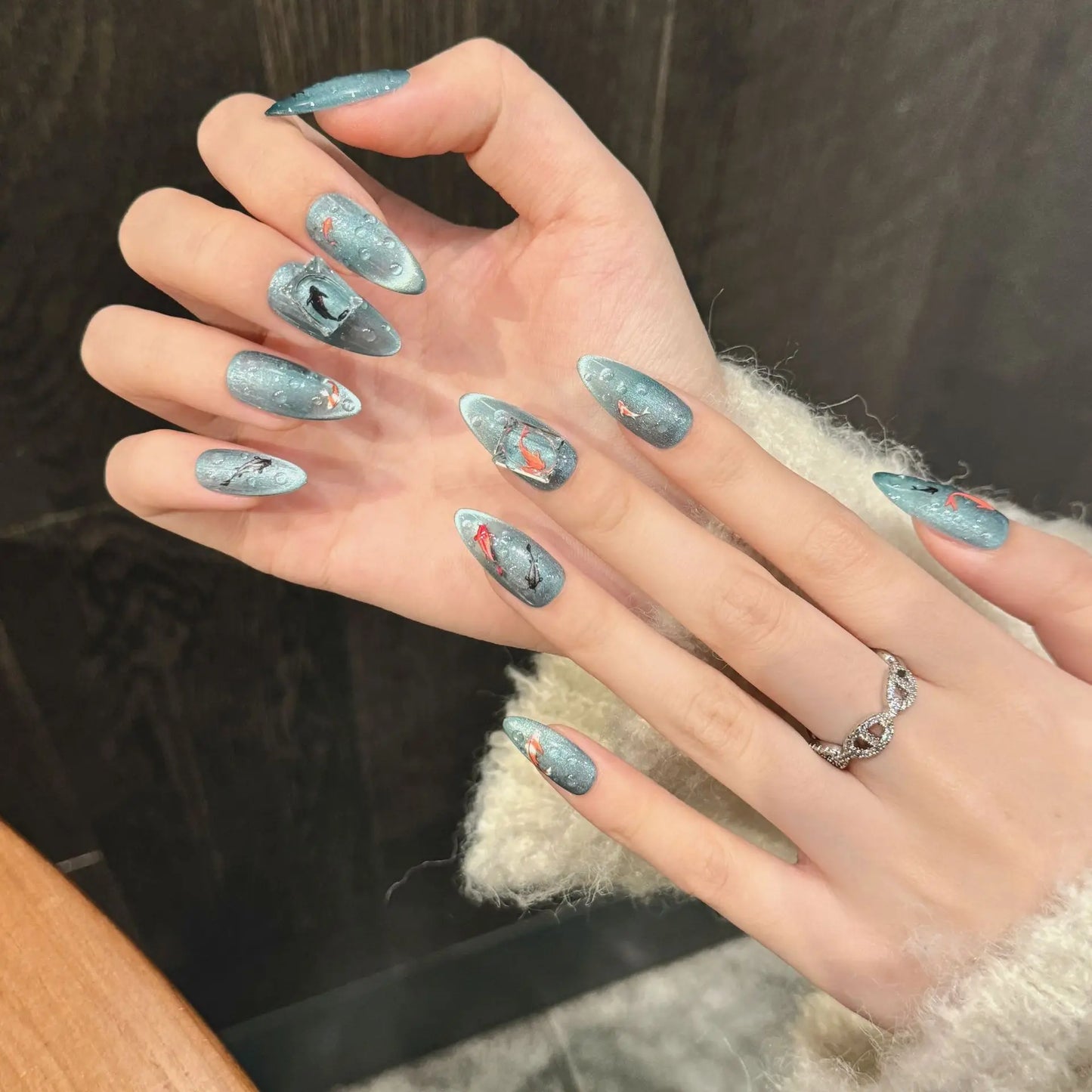Handmade Press on nails Good Luck Fish Chinese Style False Nails Full Cover Wearable Ins Almond Blue Cat Eye Fake Nail Tips Peaceful Pleasures Health and Wellness