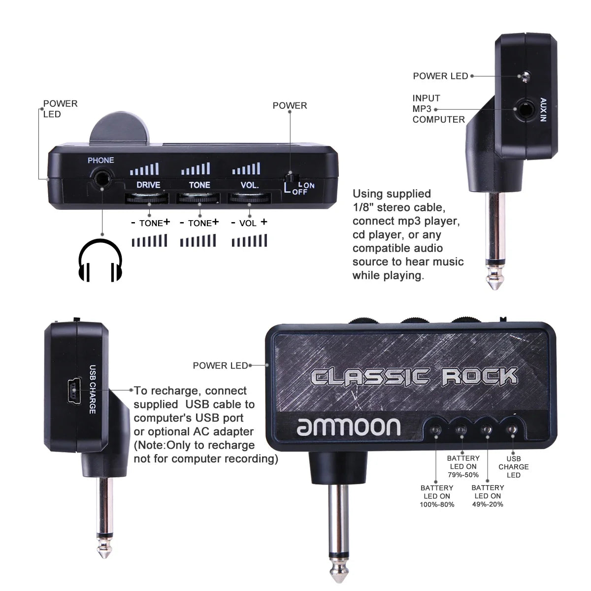 Headphone Jack Aux Ammoon Electric Guitar Amplifier Amp 1 Plug