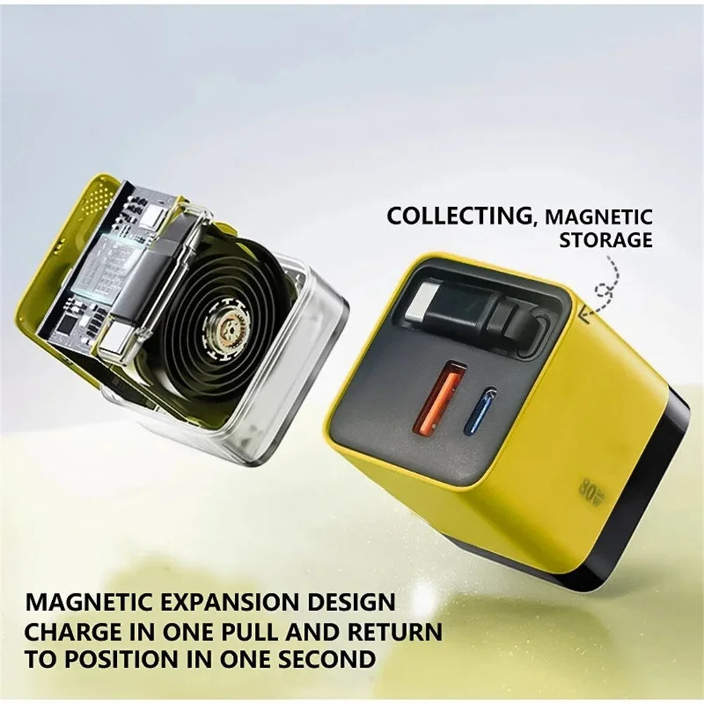 80W Fast Charger | Retractable USB-C Cable, 3-Port Wall Charger