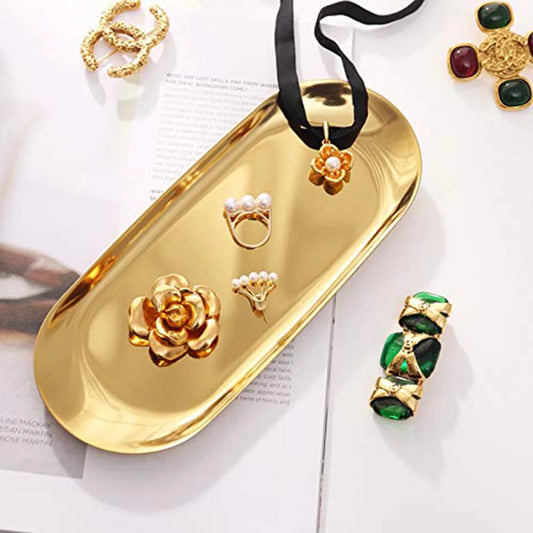 Oval Stainless Steel Tray Gold Tea Fruit Desserts Jewelry Earring Peaceful Pleasures Health and Wellness