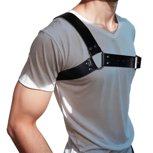 Gothic Men Leather Suspenders Belt Men's Black Single Shoulder Peaceful Pleasures Health and Wellness Style A 1PCS