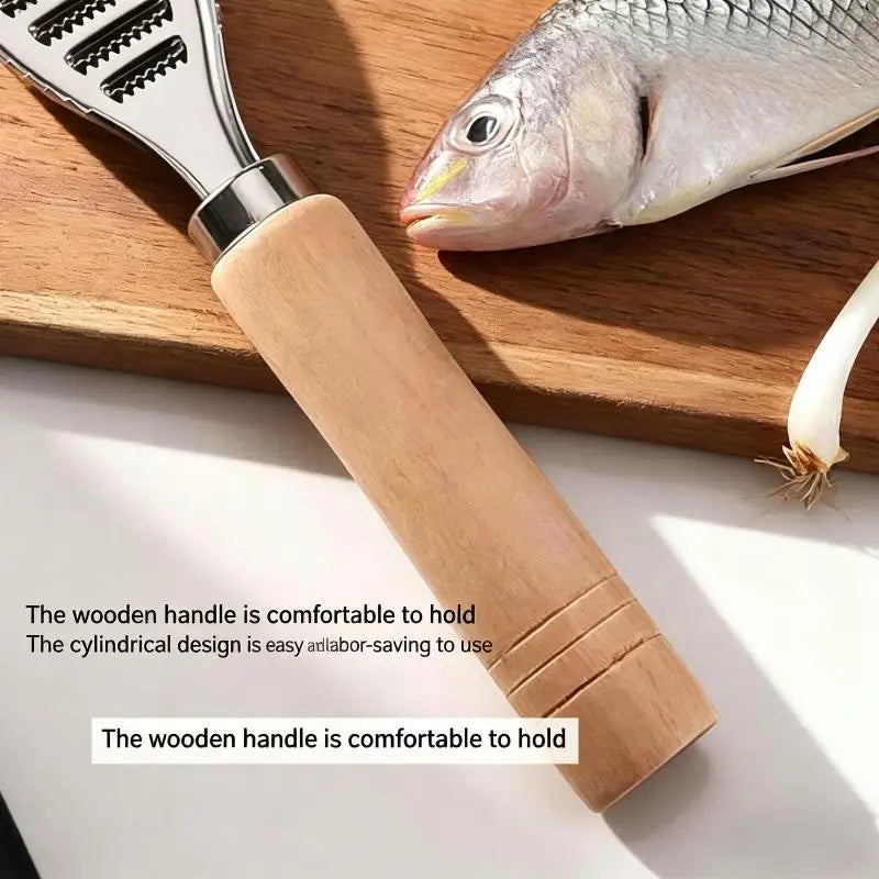 Manual Fish Scaler Stainless Steel Descaler & Wood Handle