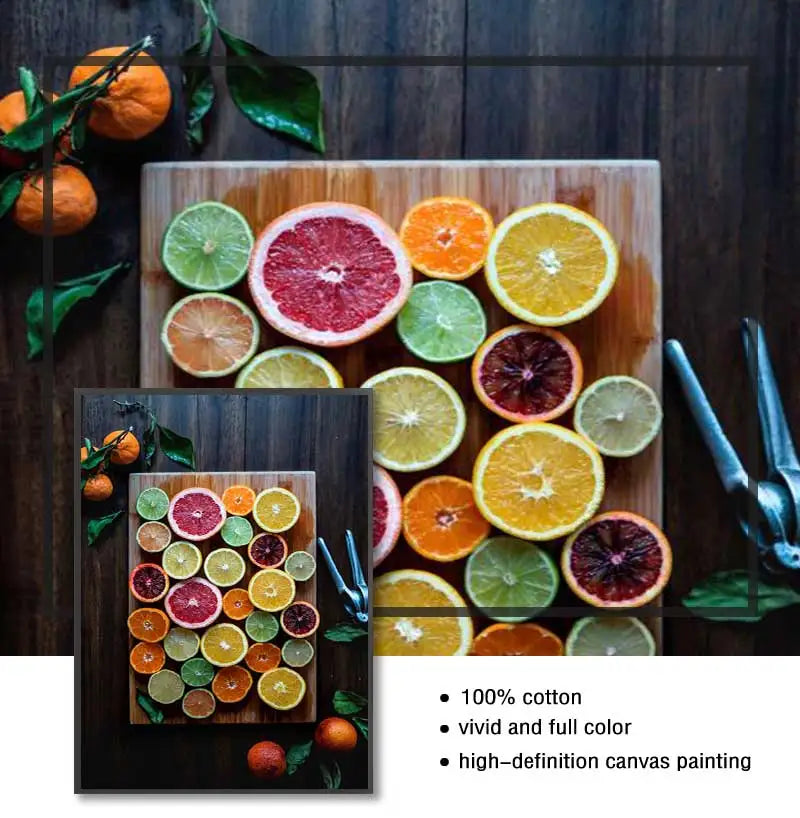 Nordic Wall Art Canvas Painting Colorful Fresh Vegetable Fruits Posters for Kitchen Decor Orange Lemon Picture for Restaurant Peaceful Pleasures Health and Wellness
