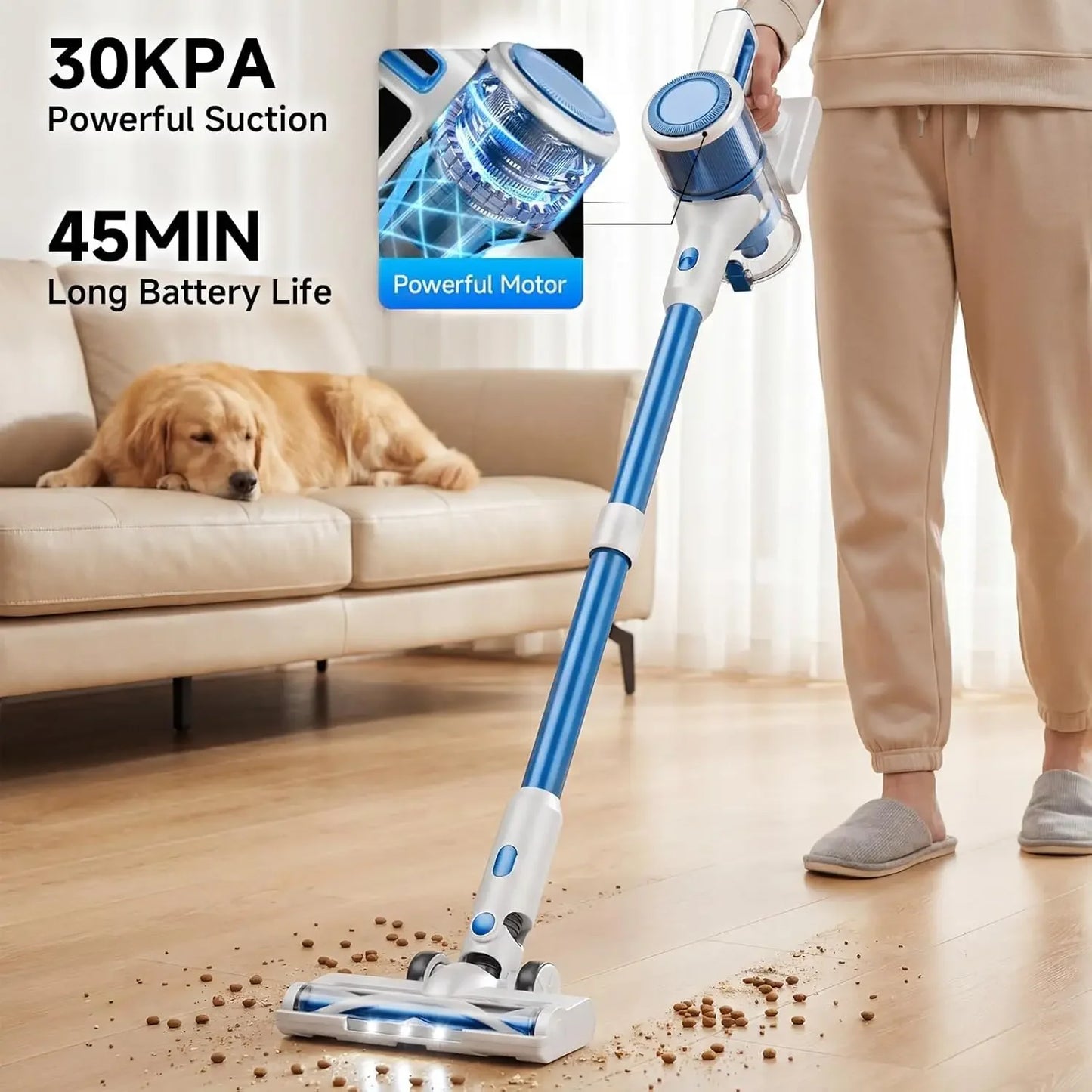 Lightweight Cordless Stick Vacuum Cleaner - 45 Min Runtime, 8-in-1 for Hard Floors & Carpets, Blue & White Peaceful Pleasures Health and Wellness