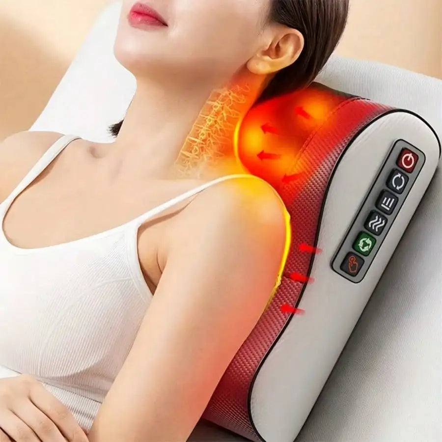 A Neck Massage Pillow with Heating Function, Equipped with Multiple Kneading Heads Specifically for the Neck, a Six-Button Control Panel, and Suitable for Various Body Parts Including the Neck, Shoulders, Waist, Back, and Leg Peaceful Pleasures Health and Wellness Burgundy