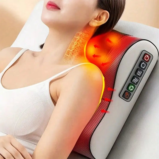 A Neck Massage Pillow with Heating Function, Equipped with Multiple Kneading Heads Specifically for the Neck, a Six-Button Control Panel, and Suitable for Various Body Parts Including the Neck, Shoulders, Waist, Back, and Leg Peaceful Pleasures Health and Wellness Burgundy