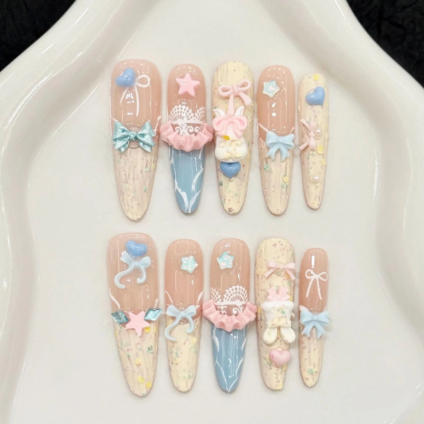 Handmade Press on Nails with Cute Bear Paw Design Light Blue Fake Nails Full Cover Wearable Sweet Korean Almond False Nail Tips Peaceful Pleasures Health and Wellness L 1