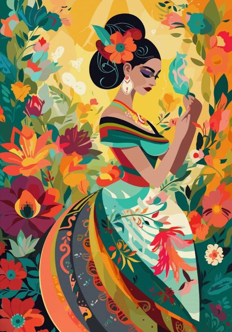 Latina Woman Floral Canvas Wall Art | Ethnic Maximalist Print