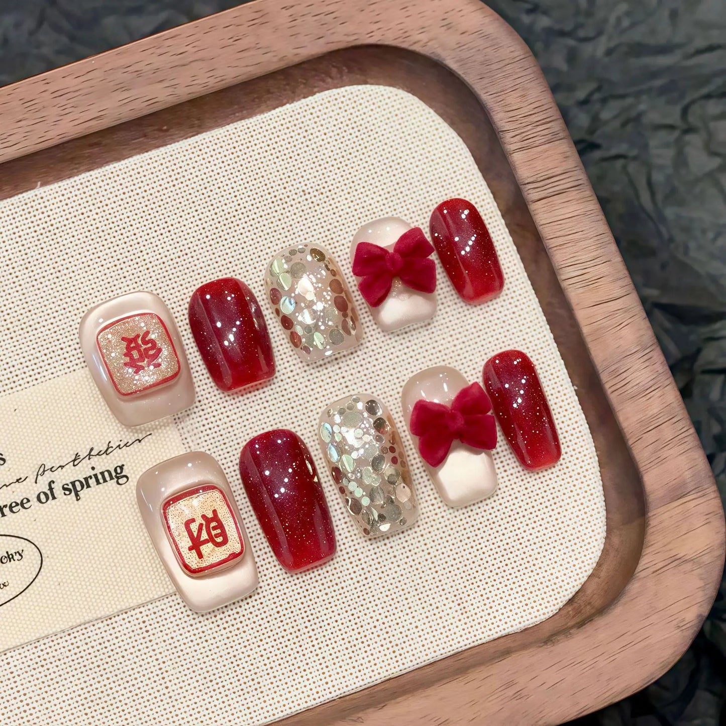Handmade New Year Lucky Red Press on Nails Glitter Sequins Red Bow Decor False Nails Full Cover Wearable Short Fake Nail Tips Peaceful Pleasures Health and Wellness