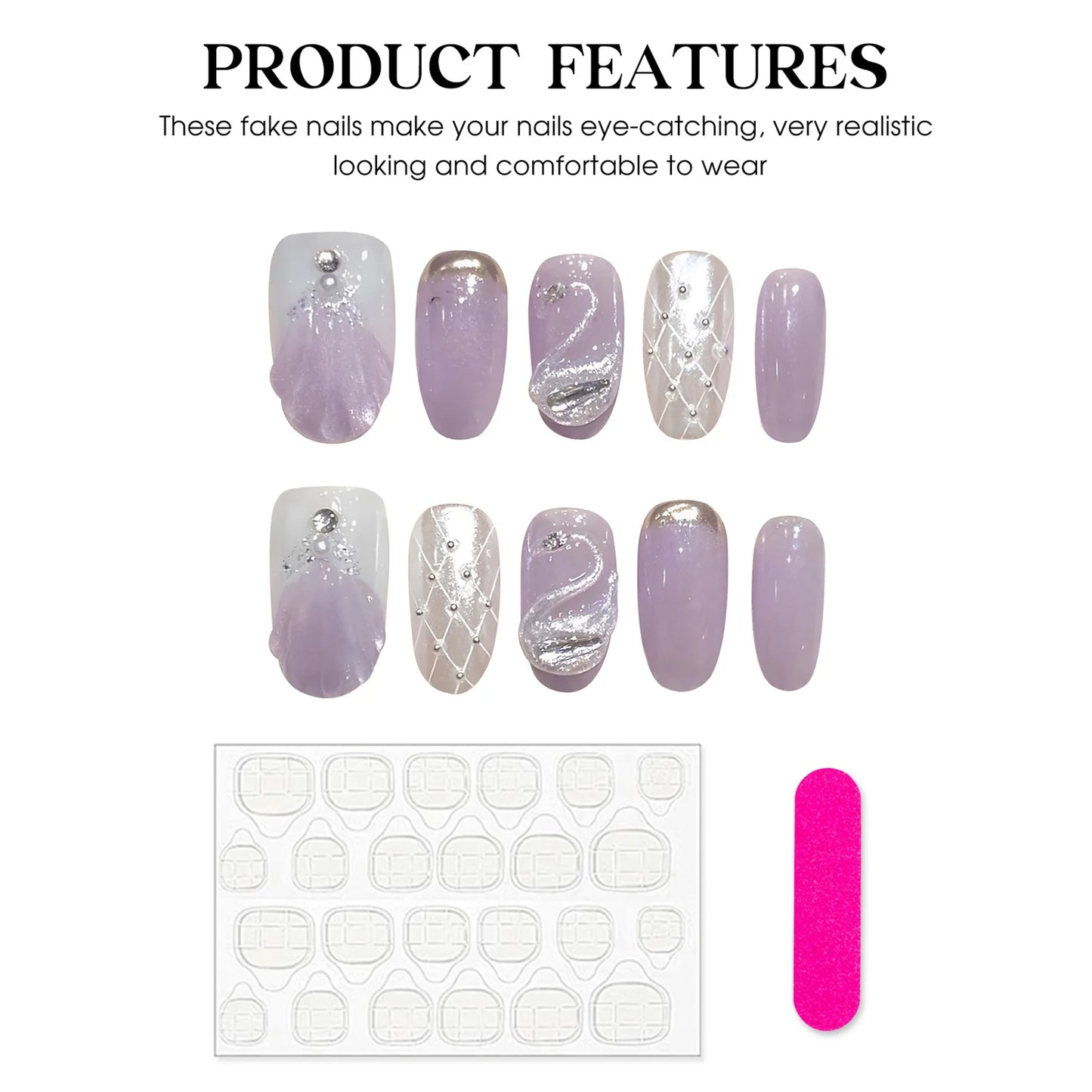 3D Swan Press On Nails – Purple Cat Eye Short Round | YADORNOS