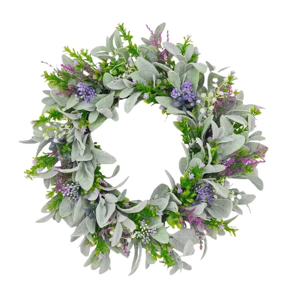 Flocked Lambs Ear Lavender Wreath | Artificial Spring Door Wreath