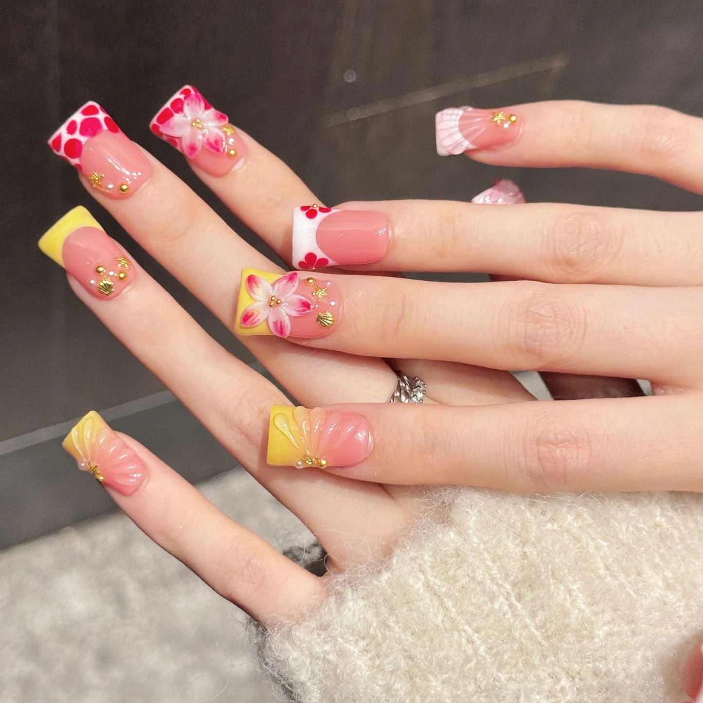 10pcs Handmade Duckbill Press on Nails French Artificial Nails With 3D Flowers Decor Elegant Fake Nails Detachable False Nails Peaceful Pleasures Health and Wellness