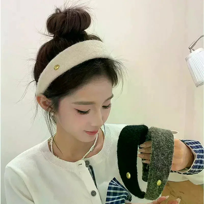 Korean Fuzzy Headband – Soft Plush Hairband with Gold Logo