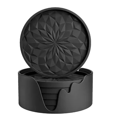 6 PCS with base Coasters, Round Mugs Coasters Set, car coaster，Silicone Coasters for Drinks, Coffee Pads Beer Bar Mat Black Peaceful Pleasures Health and Wellness black L Round