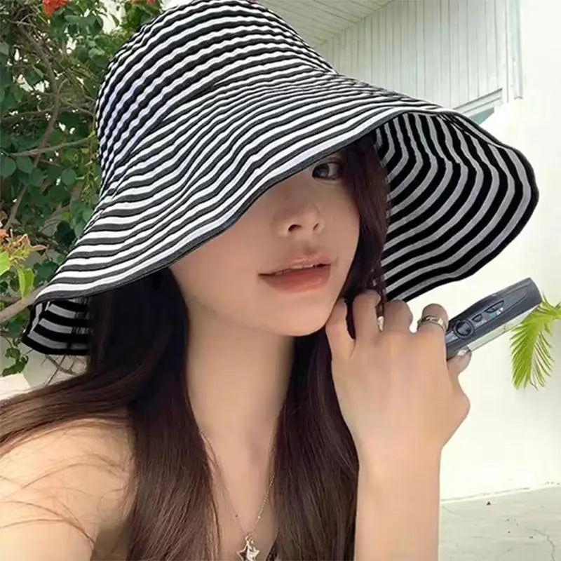 Striped Wide Brim Sun Hat – Lightweight Fisherman Cap for Women