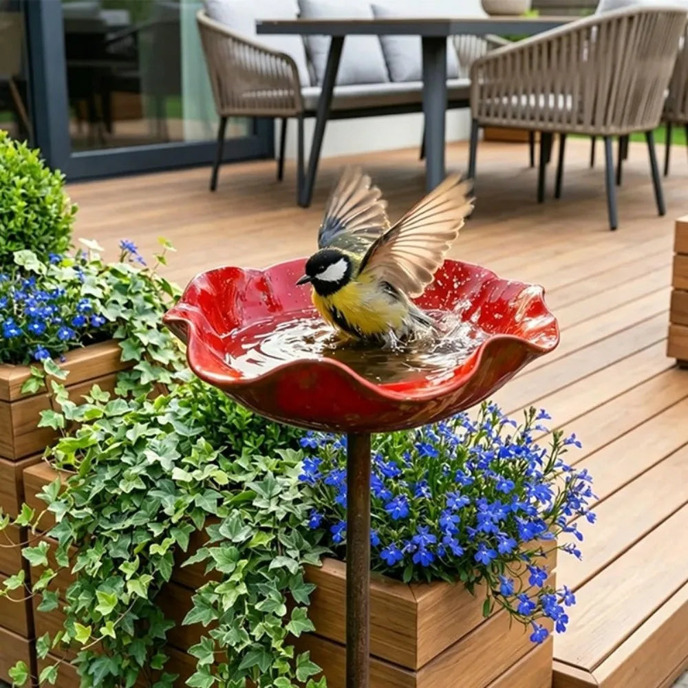 Handcrafted Metal Flower Garden Stake & Bird Bath | UV Resistant