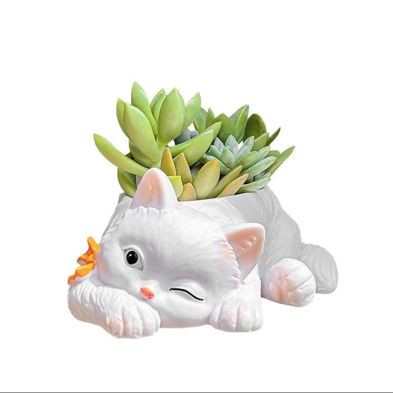 Cartoon Cat Resin Succulent Pot | Cute Desktop Plant Pot