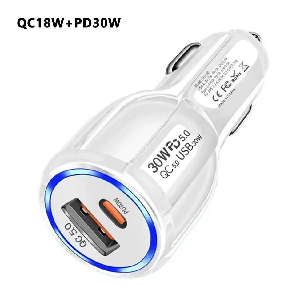 12W 30W Car Charger 2 Ports Car Charger Fast Charging QC 3.0 PD12W PD30W Car Cigarette Lighter Flash Charge For phones Peaceful Pleasures Health and Wellness QC18W PD30W WHITE