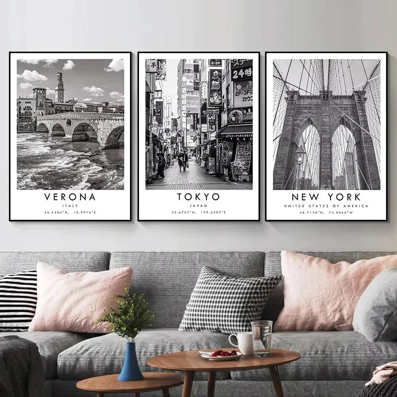 Black & White Cities Canvas Wall Art | Rome Florence Berlin Print