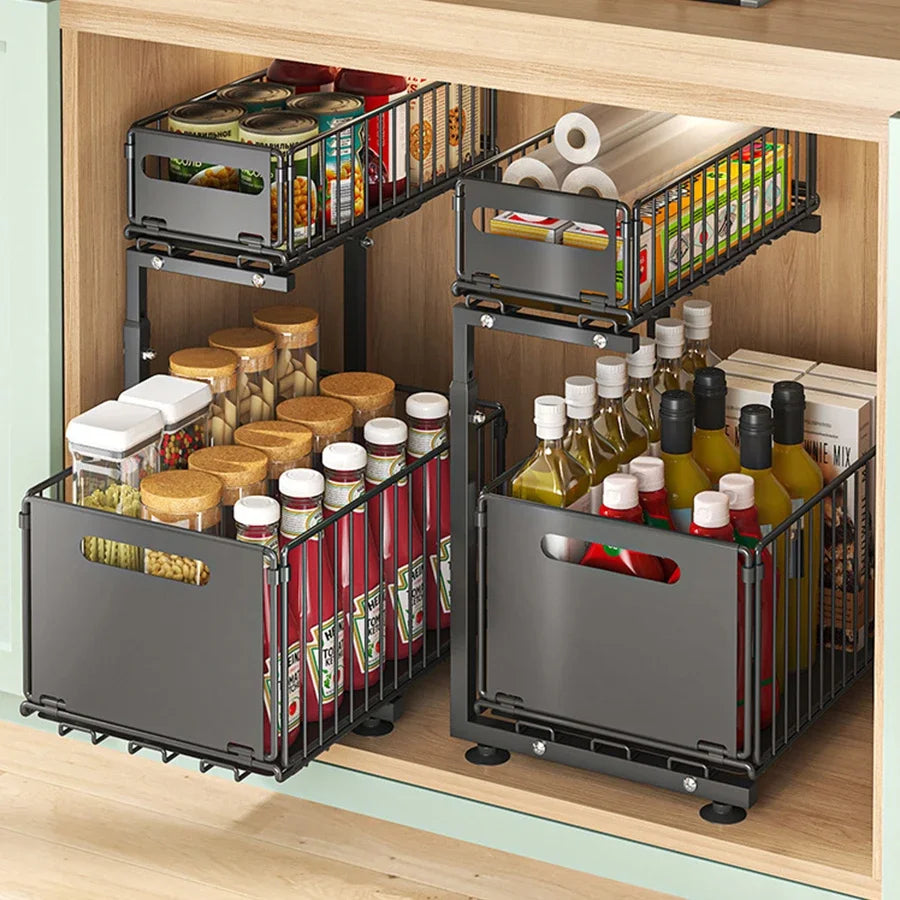 2-Tier Pull-Out Under Sink Organizer | Adjustable Sliding Shelf