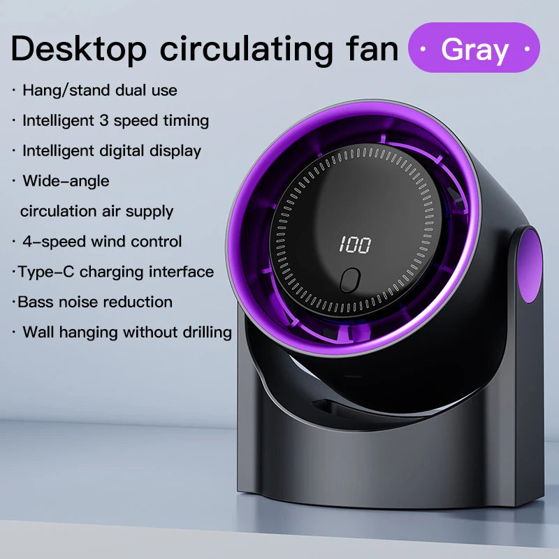 Electric Fan Desktop Silent Wall Mounted Air Conditioner Bladeless Fan USB Charging Portable Office Indoor Camping Peaceful Pleasures Health and Wellness Gray
