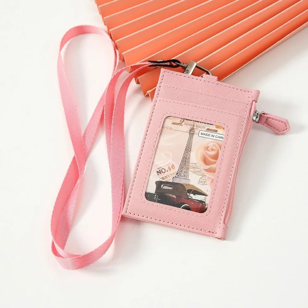 PU Leather Card Badge Holder Coin Purse Zipper Pocket Student Card Bag Work Business Wallet ID Card Holder Bus Bank Card Peaceful Pleasures Health and Wellness Pink